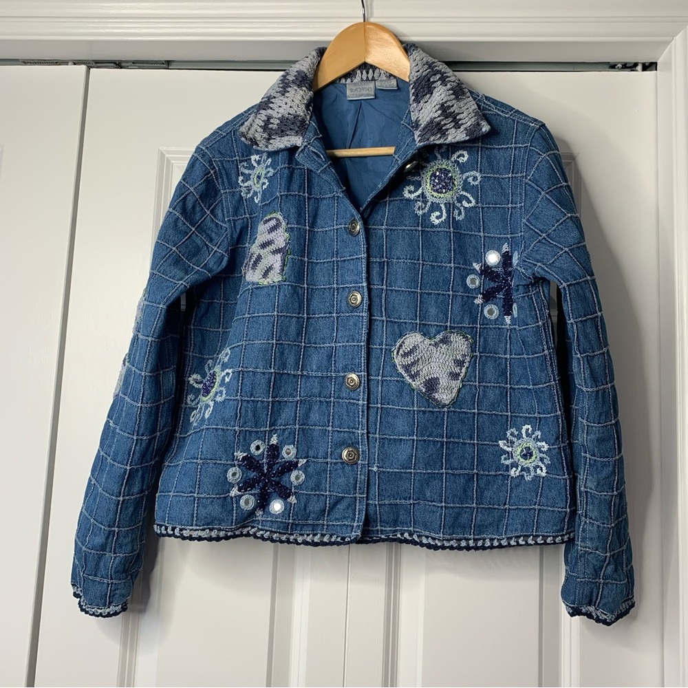 Blue Bayou Patchwork Embroidered Crochet Beaded Boho Denm jacket Women Size US S
